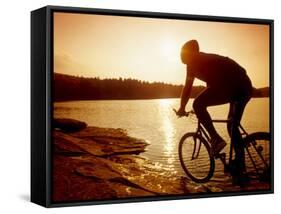 Silhouette of Mountain Biker at Sunset-null-Framed Stretched Canvas