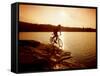 Silhouette of Mountain Biker at Sunset-null-Framed Stretched Canvas