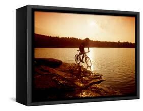 Silhouette of Mountain Biker at Sunset-null-Framed Stretched Canvas