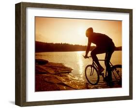 Silhouette of Mountain Biker at Sunset-null-Framed Photographic Print