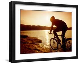 Silhouette of Mountain Biker at Sunset-null-Framed Photographic Print