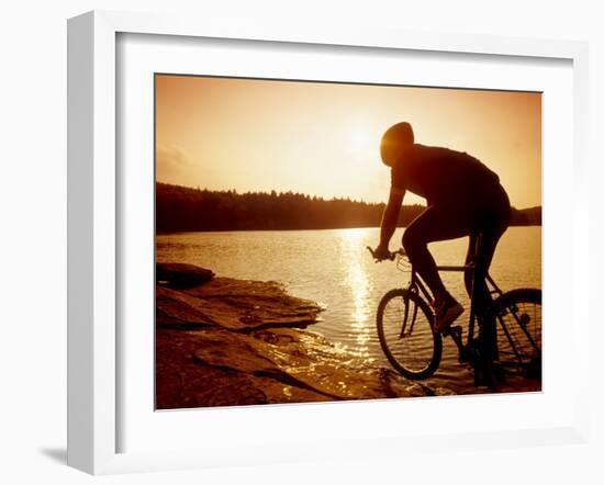 Silhouette of Mountain Biker at Sunset-null-Framed Photographic Print