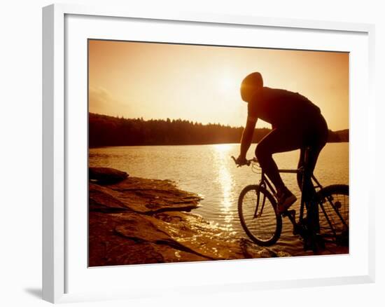 Silhouette of Mountain Biker at Sunset-null-Framed Photographic Print