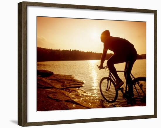 Silhouette of Mountain Biker at Sunset-null-Framed Photographic Print