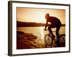 Silhouette of Mountain Biker at Sunset-null-Framed Photographic Print