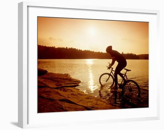 Silhouette of Mountain Biker at Sunset-null-Framed Photographic Print