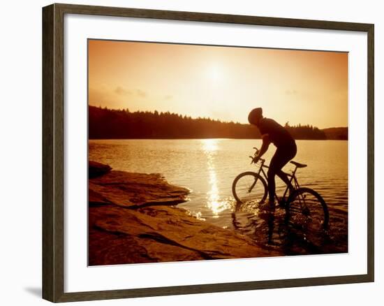 Silhouette of Mountain Biker at Sunset-null-Framed Photographic Print