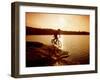 Silhouette of Mountain Biker at Sunset-null-Framed Photographic Print