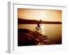 Silhouette of Mountain Biker at Sunset-null-Framed Photographic Print