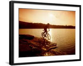 Silhouette of Mountain Biker at Sunset-null-Framed Photographic Print