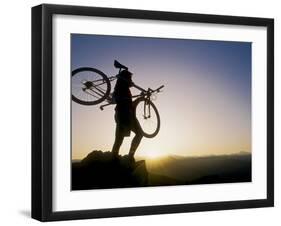 Silhouette of Mountain Biker at the Summit During Sunrise-null-Framed Photographic Print