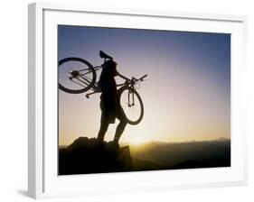 Silhouette of Mountain Biker at the Summit During Sunrise-null-Framed Photographic Print