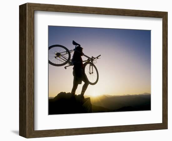 Silhouette of Mountain Biker at the Summit During Sunrise-null-Framed Photographic Print