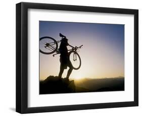 Silhouette of Mountain Biker at the Summit During Sunrise-null-Framed Photographic Print