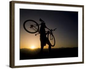 Silhouette of Mountain Biker at the Summit During Sunrise-null-Framed Photographic Print