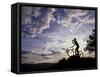 Silhouette of Mountain Biker Drinking at the Summit During Sunset-null-Framed Stretched Canvas