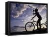 Silhouette of Mountain Biker Drinking at the Summit During Sunset-null-Framed Stretched Canvas