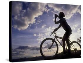 Silhouette of Mountain Biker Drinking at the Summit During Sunset-null-Stretched Canvas