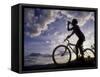 Silhouette of Mountain Biker Drinking at the Summit During Sunset-null-Framed Stretched Canvas