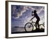 Silhouette of Mountain Biker Drinking at the Summit During Sunset-null-Framed Photographic Print