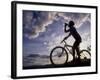 Silhouette of Mountain Biker Drinking at the Summit During Sunset-null-Framed Photographic Print