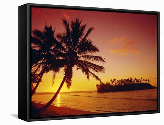 Silhouette of Palm Trees and Desert Island at Sunrise, Rarotonga, Cook Islands, South Pacific-Dominic Webster-Framed Stretched Canvas