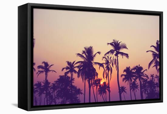 Silhouette of Palm Trees at Sunset, Vintage Filter-grop-Framed Stretched Canvas