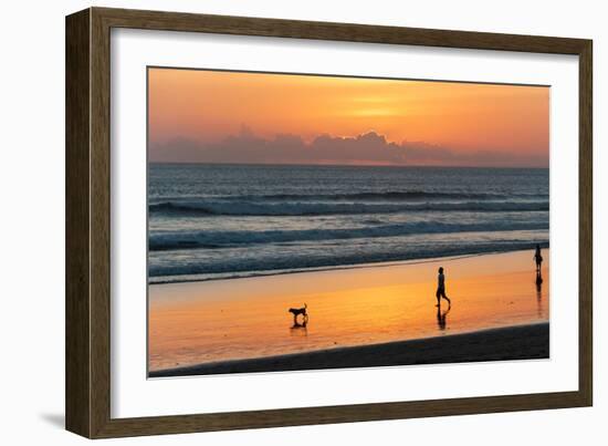 Silhouette of People and Dog Walking on the Beach, Seminyak, Kuta, Bali, Indonesia-null-Framed Photographic Print