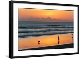 Silhouette of People and Dog Walking on the Beach, Seminyak, Kuta, Bali, Indonesia-null-Framed Photographic Print