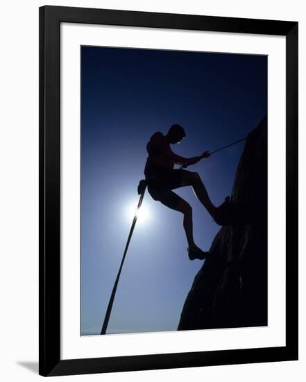 Silhouette of Rock Climber, Boulder, Colorado, USA-null-Framed Photographic Print