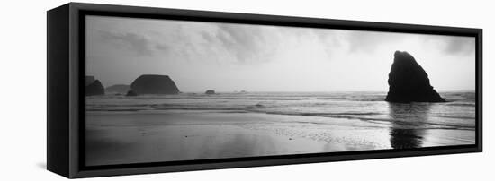 Silhouette of Rocks on the Beach, Fort Bragg, Mendocino, California, USA-null-Framed Stretched Canvas