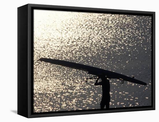 Silhouette of Rower Carrying His Boat, Vancouver Lake, Georgia, USA-null-Framed Stretched Canvas