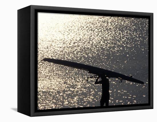 Silhouette of Rower Carrying His Boat, Vancouver Lake, Georgia, USA-null-Framed Stretched Canvas