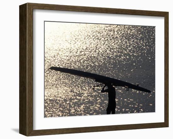 Silhouette of Rower Carrying His Boat, Vancouver Lake, Georgia, USA-null-Framed Photographic Print