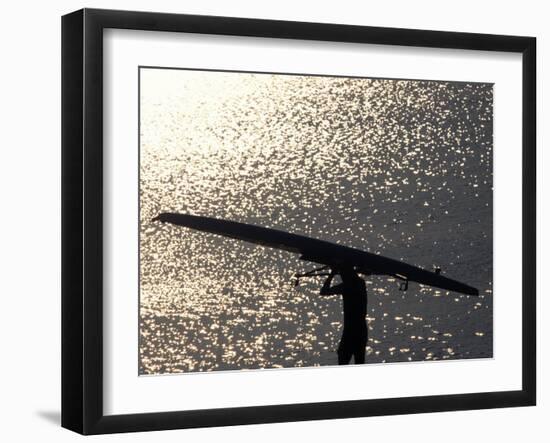 Silhouette of Rower Carrying His Boat, Vancouver Lake, Georgia, USA-null-Framed Photographic Print