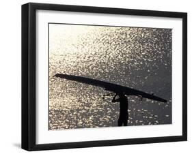 Silhouette of Rower Carrying His Boat, Vancouver Lake, Georgia, USA-null-Framed Photographic Print