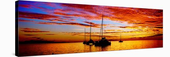Silhouette of Sailboats in the Ocean at Sunset, Tahiti, Society Islands, French Polynesia-null-Stretched Canvas