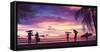 Silhouette of Surfer People Carrying their Surfboards on Sunset Beach. Panoramic Soft Style with Vi-Kanchana P-Framed Stretched Canvas