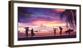 Silhouette of Surfer People Carrying their Surfboards on Sunset Beach. Panoramic Soft Style with Vi-Kanchana P-Framed Photographic Print