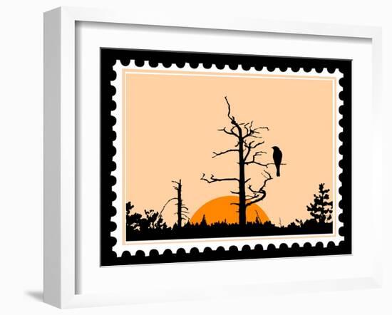 Silhouette Of The Bird On Tree On Postage Stamps-basel101658-Framed Art Print