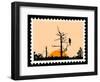 Silhouette Of The Bird On Tree On Postage Stamps-basel101658-Framed Art Print