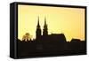 Silhouette of the Cathedral at Sunset, Grossbasel, Basel, Canton Basel Stadt, Switzerland, Europe-Markus Lange-Framed Stretched Canvas