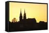 Silhouette of the Cathedral at Sunset, Grossbasel, Basel, Canton Basel Stadt, Switzerland, Europe-Markus Lange-Framed Stretched Canvas
