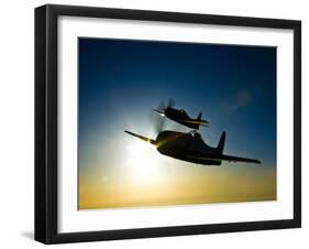 Silhouette of Two Grumman F8F Bearcats in Flight-Stocktrek Images-Framed Photographic Print