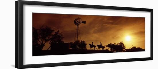 Silhouette of Two Horse Riders at Sunset, Hunt, Kerr County, Texas, USA-null-Framed Photographic Print