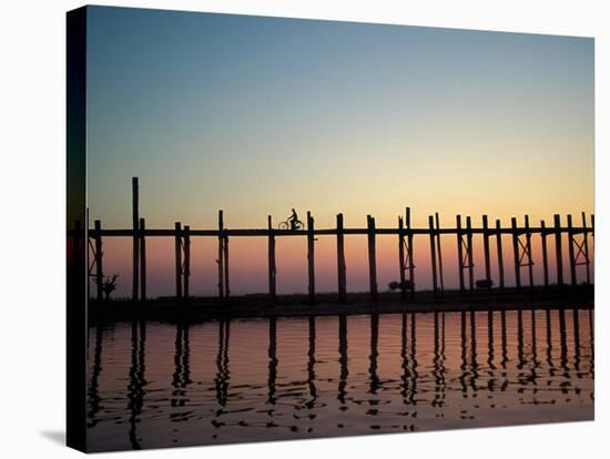 Silhouette of U Bien's Bridge on Lake Taungthaman, Burma-Brian McGilloway-Stretched Canvas