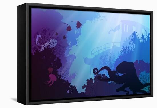 Silhouette of Underwater Marine Life and Octopus in the Foreground. Wreck and Diver in the Backgrou-eva_mask-Framed Stretched Canvas