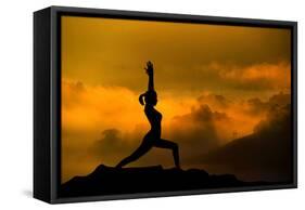 Silhouette of Woman Doing Yoga Meditation During Sunrise with Natural Golden Sunlight on Mountain-szefei-Framed Stretched Canvas