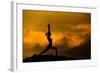 Silhouette of Woman Doing Yoga Meditation During Sunrise with Natural Golden Sunlight on Mountain-szefei-Framed Photographic Print