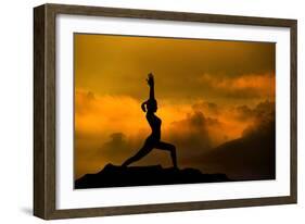 Silhouette of Woman Doing Yoga Meditation During Sunrise with Natural Golden Sunlight on Mountain-szefei-Framed Photographic Print